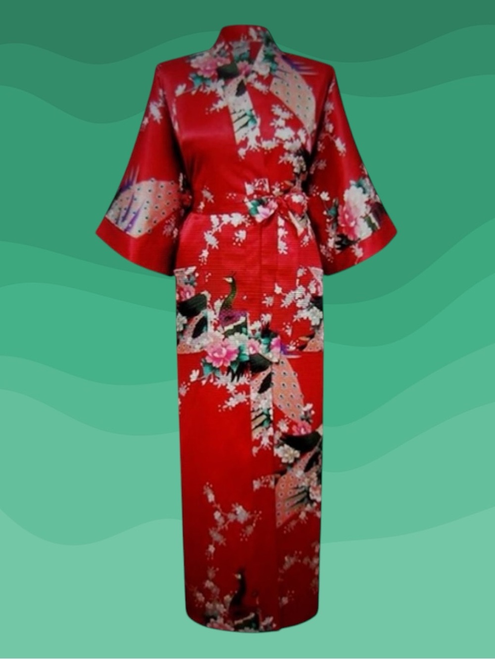 FP in Tokyo Retro Boho Grandmacore Whimsigoth Goth Peacock Satin Kimono Robe L - Picture 1 of 9